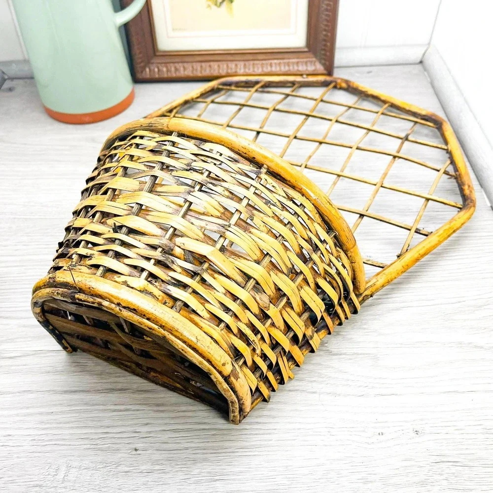 Peacock Wicker Wall Basket with Bamboo Trim
